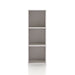 Front facing durable modern three-shelf slim taupe grey storage bookcase on a white background