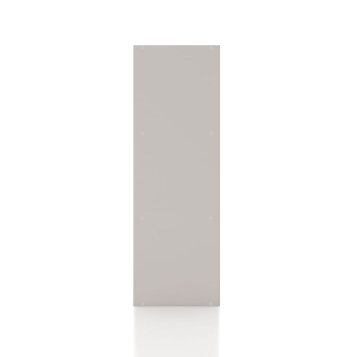 Front facing side view of a durable modern three-shelf slim taupe grey storage bookcase on a white background