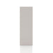 Front facing side view of a durable modern three-shelf slim taupe grey storage bookcase on a white background