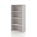 Left facing durable modern four-shelf taupe grey storage bookcase on a white background