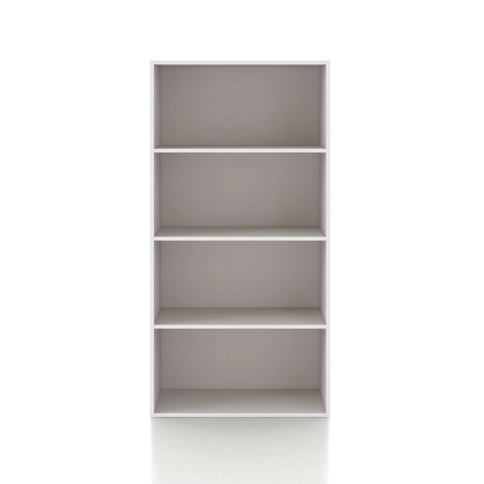 Front facing durable modern four-shelf taupe grey storage bookcase on a white background