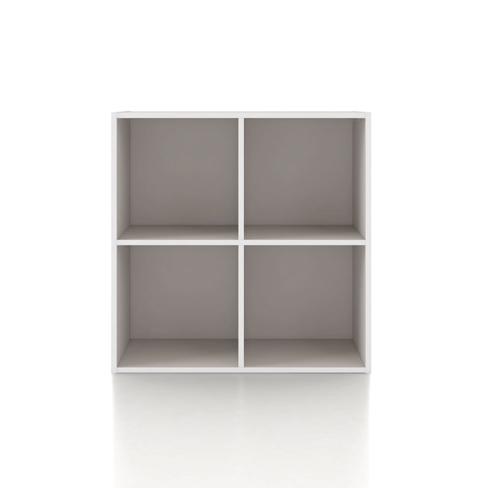 Front facing durable modern four-cubby taupe grey storage bookcase on a white background