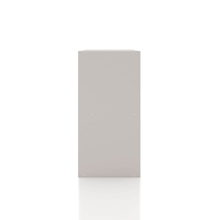 Front facing side view of a durable modern four-cubby taupe grey storage bookcase on a white background