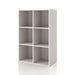 Left facing durable modern six-cubby taupe grey storage bookcase on a white background