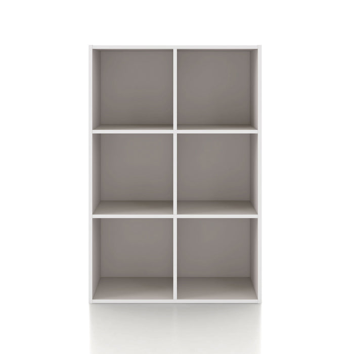 Front facing durable modern six-cubby taupe grey storage bookcase on a white background