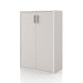 Left facing durable modern two-door taupe grey storage cabinet with silver handles on a white background