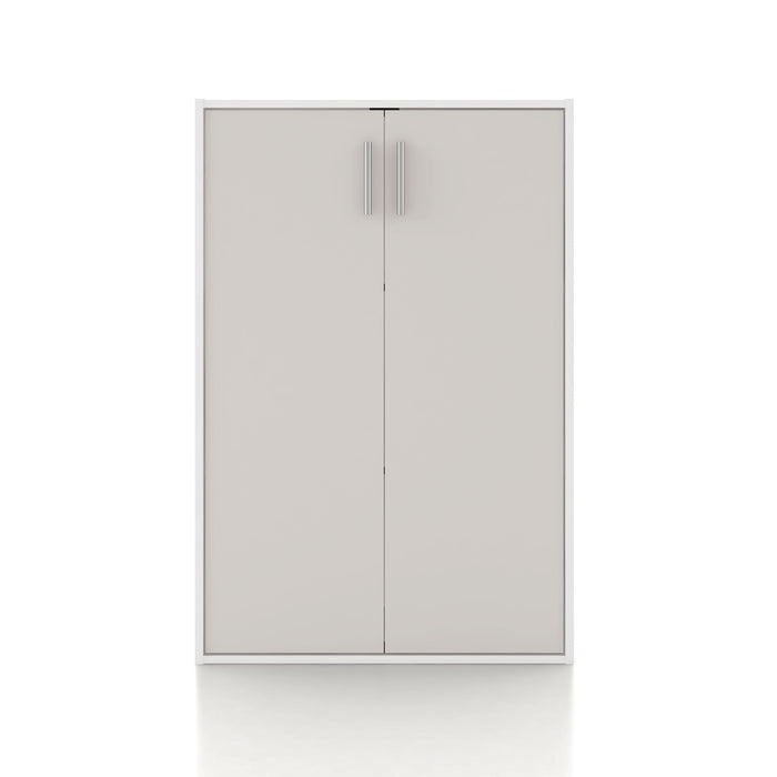 Front facing durable modern two-door taupe grey storage cabinet with silver handles on a white background