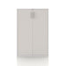 Front facing durable modern two-door taupe grey storage cabinet with silver handles on a white background