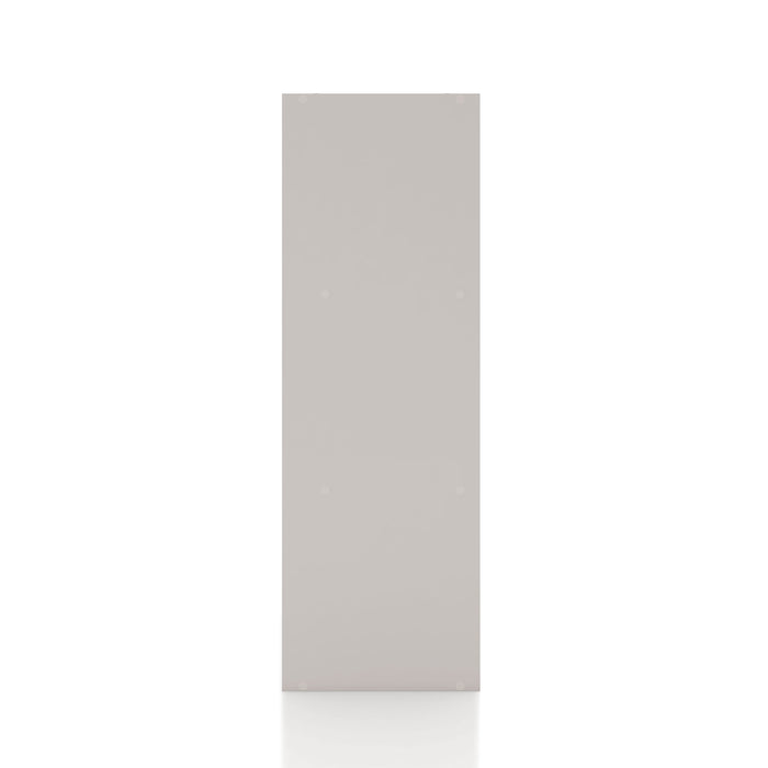 Front facing side view of a durable modern two-door taupe grey storage cabinet with silver handles on a white background