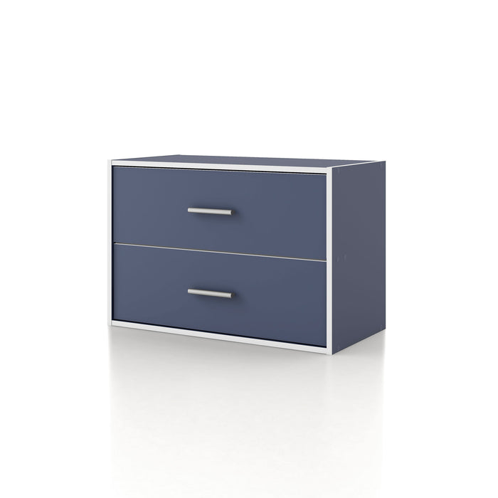 Left facing modern two-drawer steel blue storage cabinet with silver handles on a white background