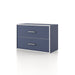 Left facing modern two-drawer steel blue storage cabinet with silver handles on a white background