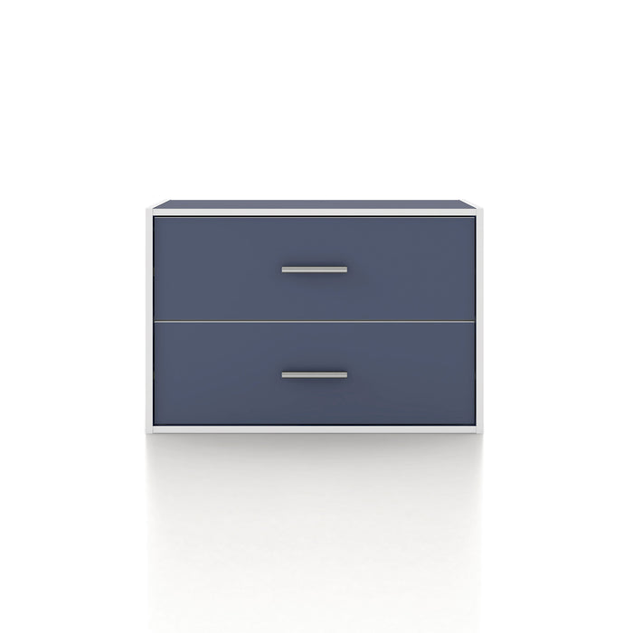 Front facing modern two-drawer steel blue storage cabinet with silver handles on a white background