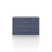 Front facing modern two-drawer steel blue storage cabinet with silver handles on a white background