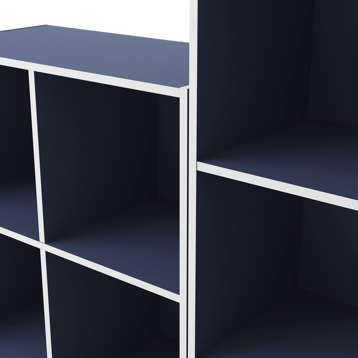 Close up view of a durable modern two-shelf steel blue storage bookcase in a larger modular configuration on a white background