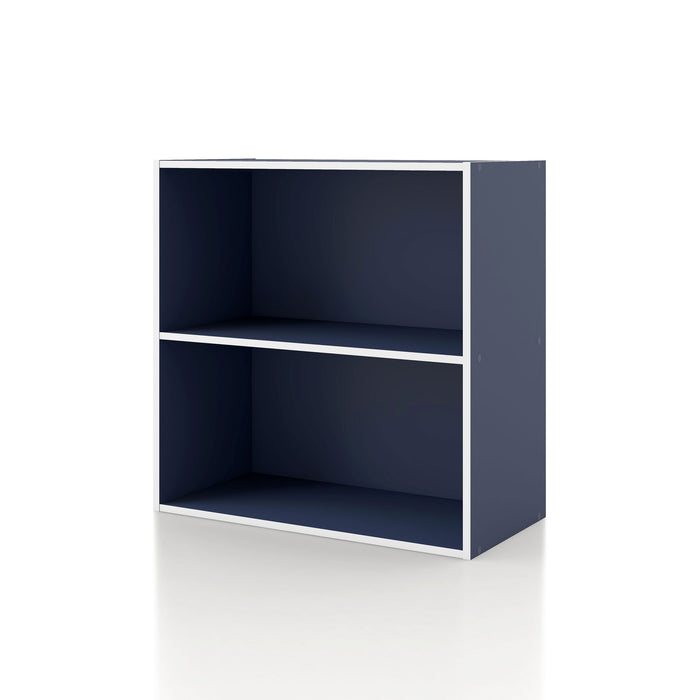 Left facing durable modern two-shelf steel blue storage bookcase on a white background