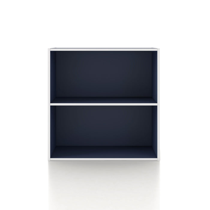 Front facing durable modern two-shelf steel blue storage bookcase on a white background