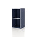 Left facing durable modern two-shelf slim steel blue bookcase on a white background