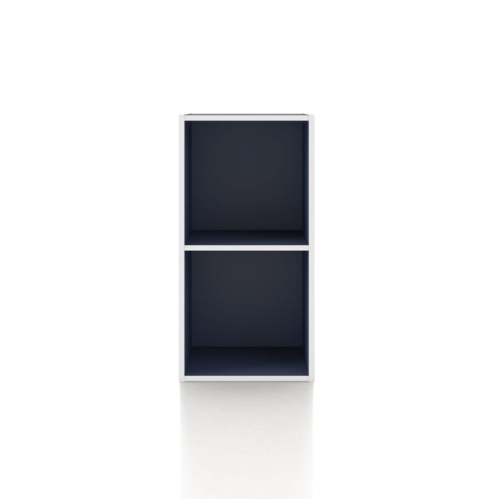 Front facing durable modern two-shelf slim steel blue bookcase on a white background