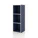 Left facing durable modern three-shelf slim steel blue storage bookcase on a white background