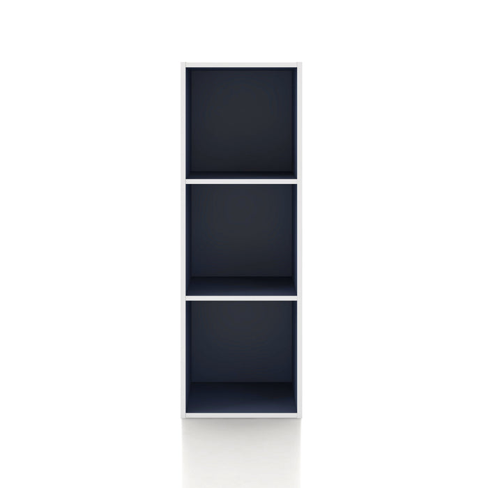 Front facing durable modern three-shelf slim steel blue storage bookcase on a white background