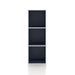 Front facing durable modern three-shelf slim steel blue storage bookcase on a white background