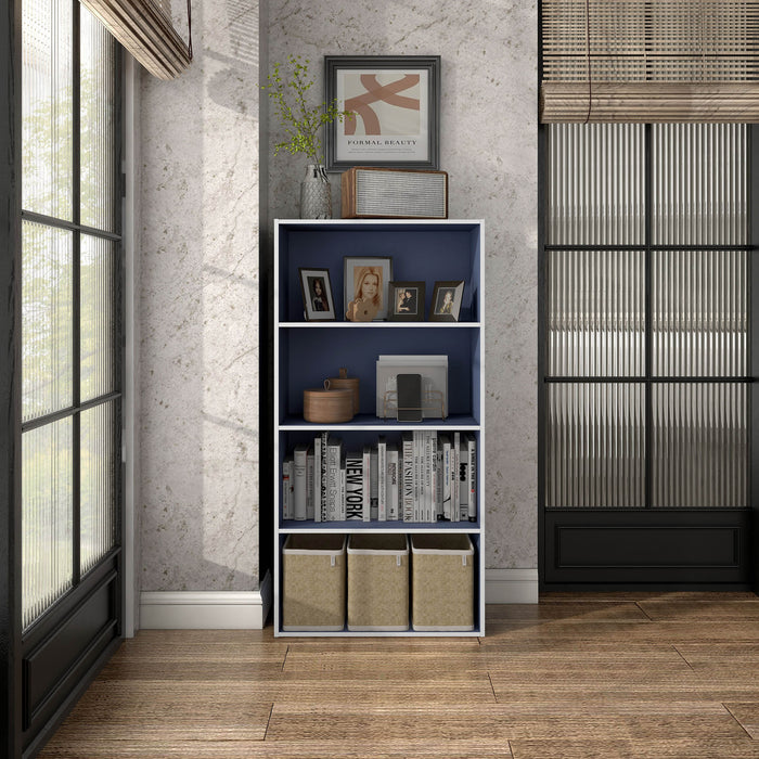 Front facing durable modern four-shelf steel blue storage bookcase in a room with accessories