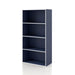 Left facing durable modern four-shelf steel blue storage bookcase on a white background