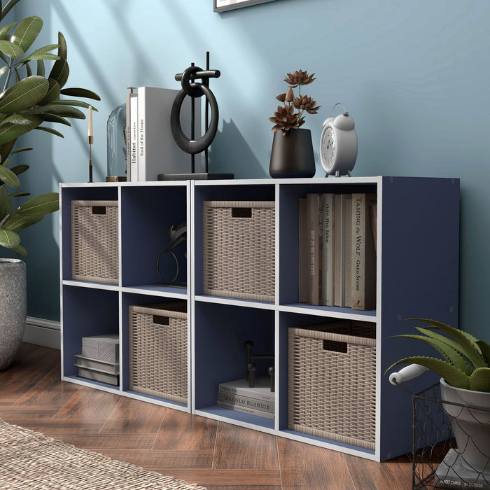 Left facing durable modern four-cubby steel blue storage bookcase as part of a larger modular configuration in a room with accessories