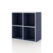 Left facing durable modern four-cubby steel blue storage bookcase on a white background