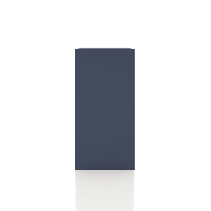 Front facing side view of a durable modern four-cubby steel blue storage bookcase on a white background