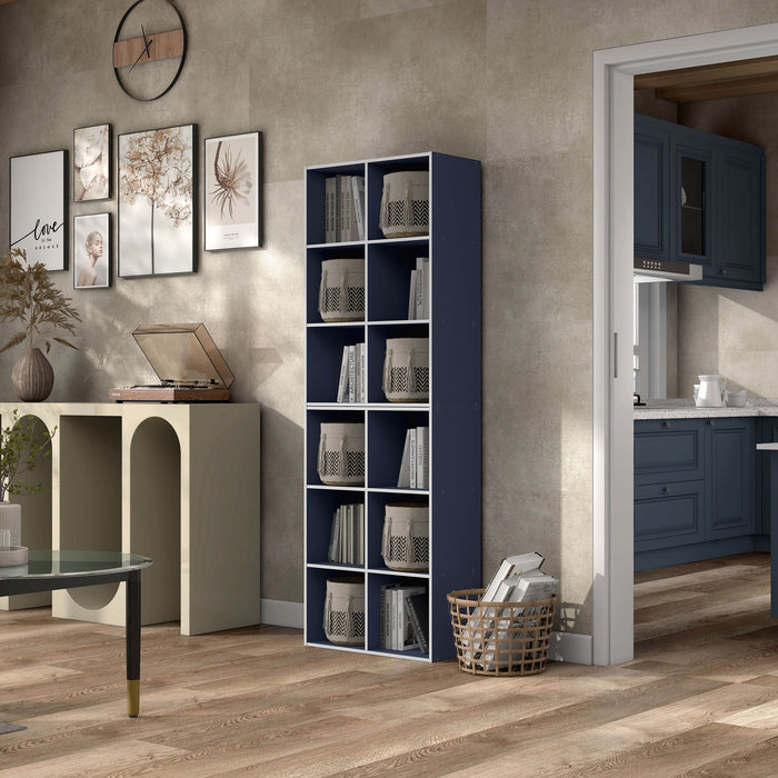 Left facing durable modern six-cubby steel blue storage bookcase as part of a larger modular configuration in a room with accessories