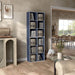 Right facing durable modern six-cubby steel blue storage bookcase as part of a larger modular configuration in a room with accessories