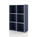 Left facing durable modern six-cubby steel blue storage bookcase on a white background