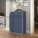 Left facing durable modern two-door steel blue storage cabinet with silver handles in a room with accessories