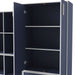 Left facing durable modern two-door steel blue storage cabinet with silver handles with doors open as part of a larger modular configuration on a white background