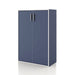 Left facing durable modern two-door steel blue storage cabinet with silver handles on a white background