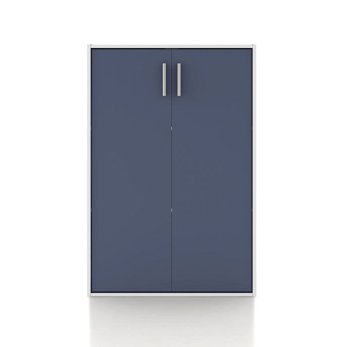 Front facing durable modern two-door steel blue storage cabinet with silver handles on a white background