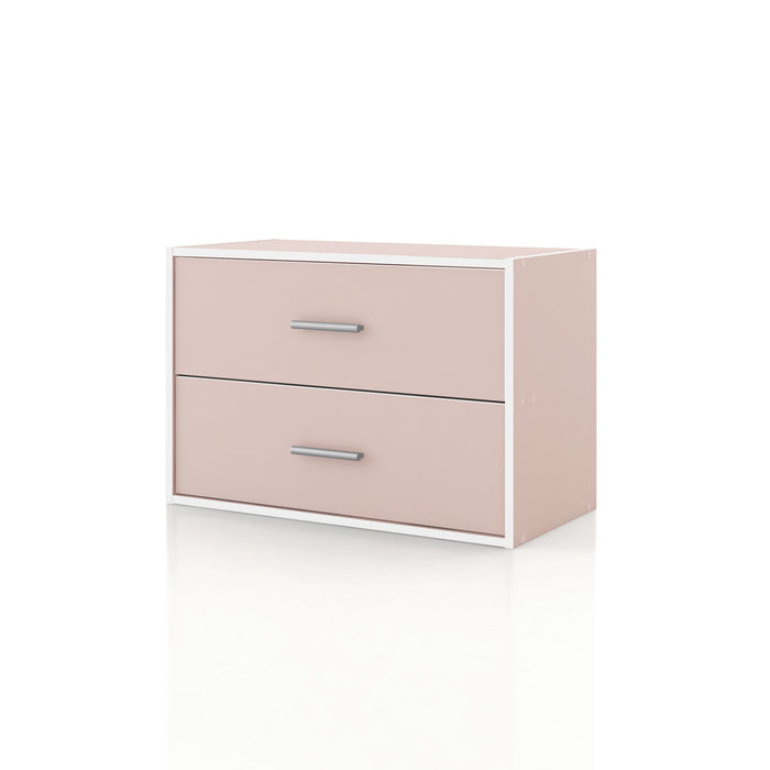 Left facing modern two-drawer light pink storage cabinet with silver handles on a white background