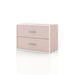 Left facing modern two-drawer light pink storage cabinet with silver handles on a white background