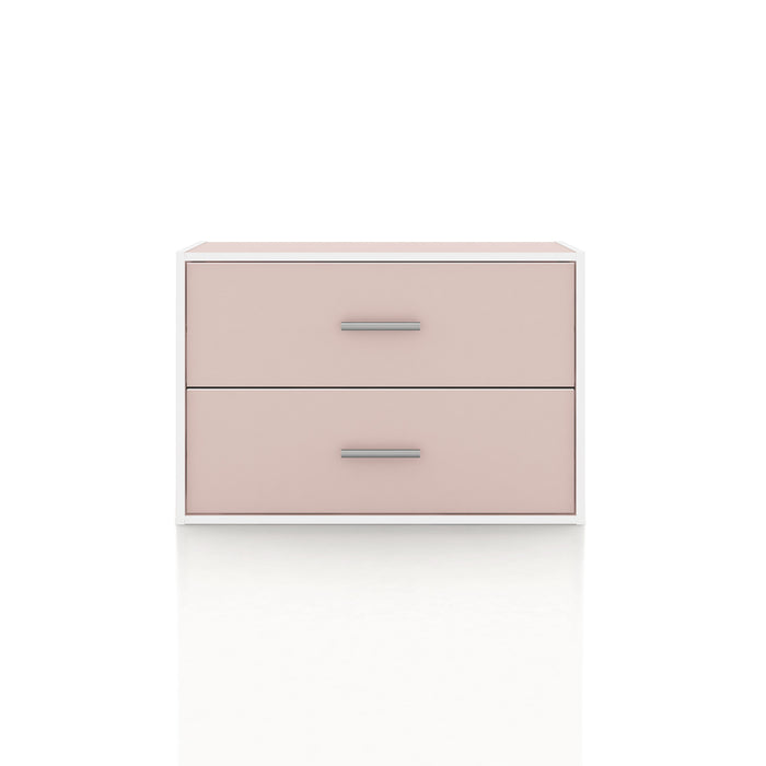 Front facing modern two-drawer light pink storage cabinet with silver handles on a white background