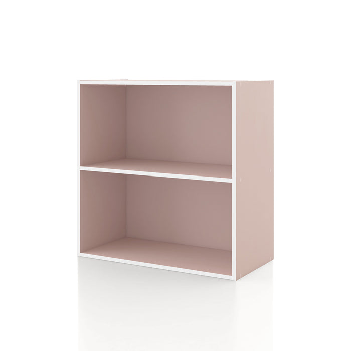 Left facing durable modern two-shelf light pink storage bookcase on a white background