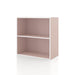 Left facing durable modern two-shelf light pink storage bookcase on a white background