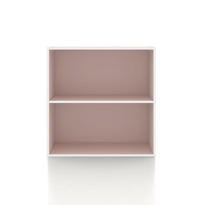 Front facing durable modern two-shelf light pink storage bookcase on a white background