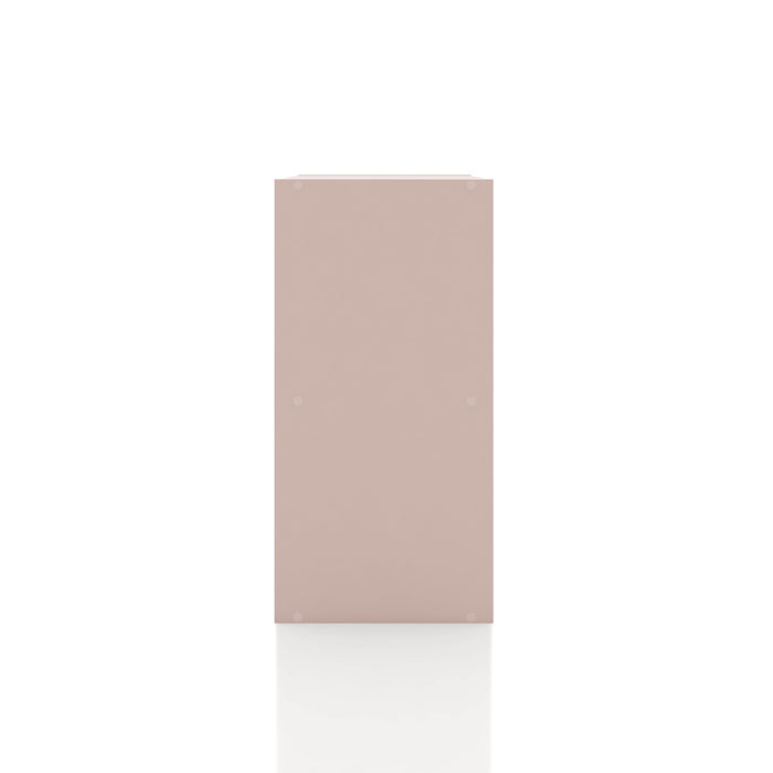 Front facing side view of a durable modern two-shelf light pink storage bookcase on a white background