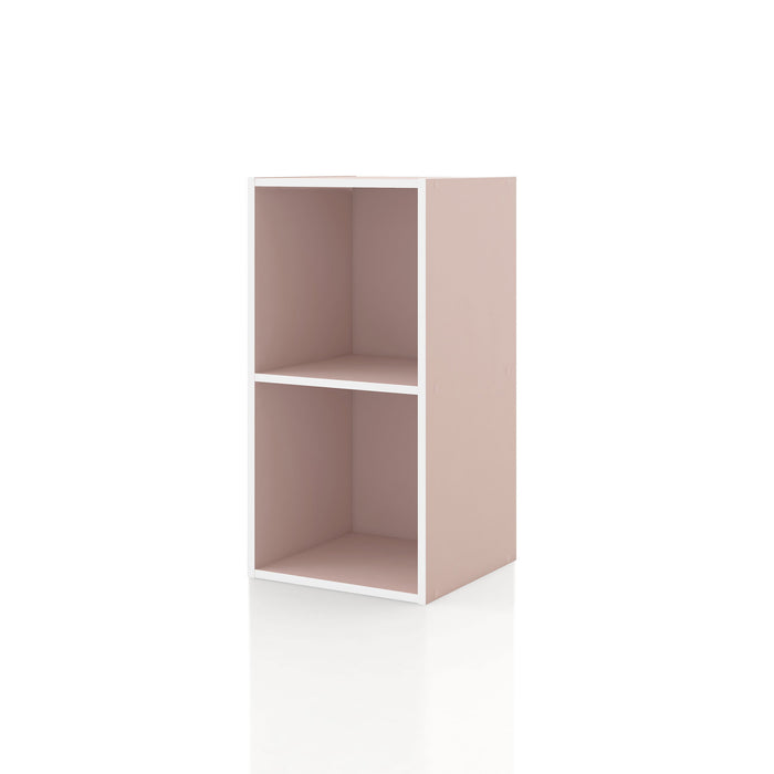 Left facing durable modern two-shelf slim light pink bookcase on a white background