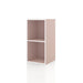 Left facing durable modern two-shelf slim light pink bookcase on a white background