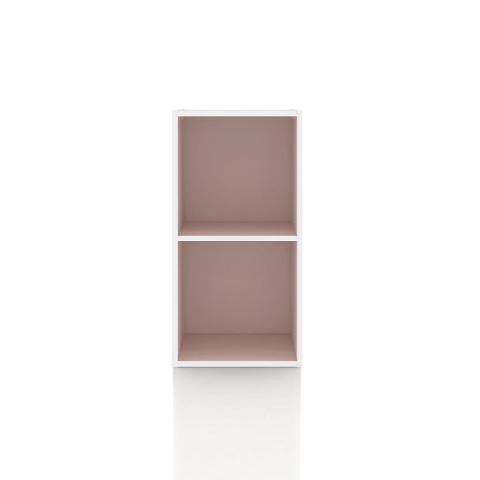 Front facing durable modern two-shelf slim light pink bookcase on a white background