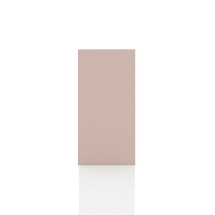 Front facing side view of a durable modern two-shelf slim light pink bookcase on a white background