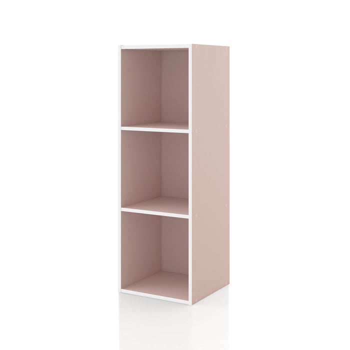 Left facing durable modern three-shelf slim light pink storage bookcase on a white background