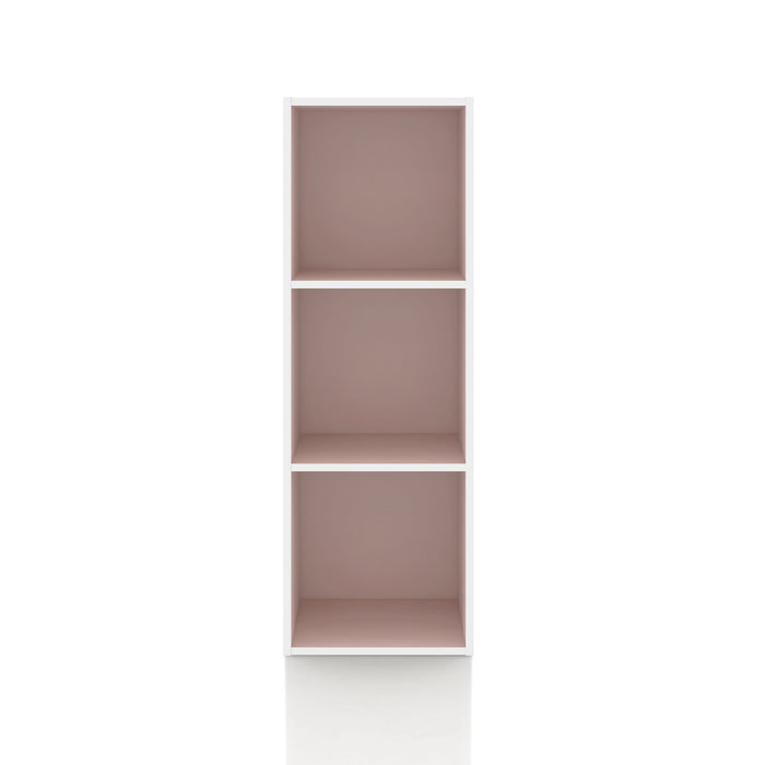 Front facing durable modern three-shelf slim light pink storage bookcase on a white background